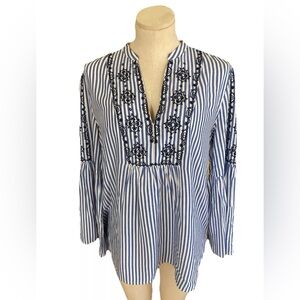LOFT Blue/White Striped Embroidered Tunic with Bell Sleeves